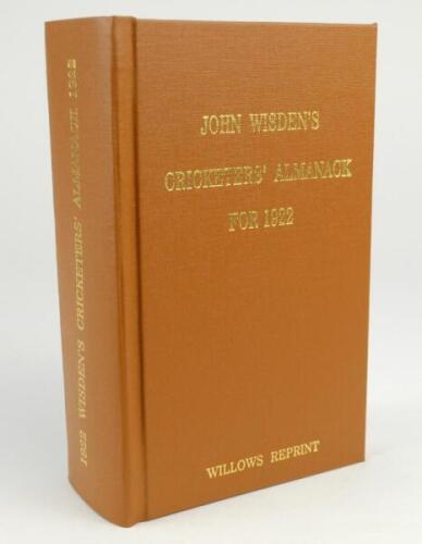 Wisden Cricketers’ Almanack 1922. Willows softback reprint (2006) in light brown hardback covers with gilt lettering. Limited edition 124/500. Very good condition.