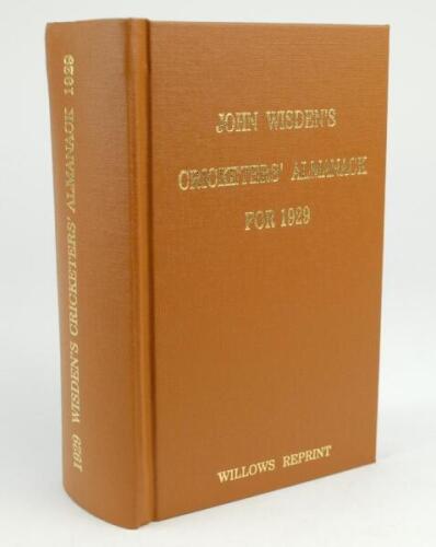 Wisden Cricketers’ Almanack 1929. Willows softback reprint (2008) in light brown hardback covers with gilt lettering. Limited edition 75/500. Very good condition.