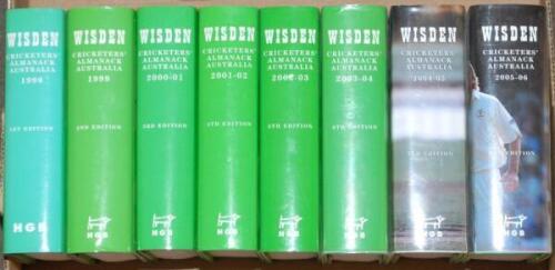 Wisden Cricketers’ Almanack- Australia. Full set of eight Almanacks for 1998 (1st Edition), 1999, 2000-01, 2001-02, 2002-03, 2003-04, 2004-05 and 2005-06. Original hardbacks with dustwrappers. Minor light fading to the spine of the 1998 dustwrapper otherw