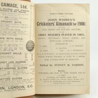 Wisden Cricketers’ Almanack 1906. 43rd edition. Bound in brown boards, with original rear wrapper, lacking original front wrapper, with gilt titles to front board and spine. Lacking first advertising page at the front, some breaking to page block otherwis