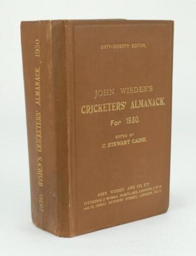 Wisden Cricketers’ Almanack 1930. 67th edition. Original hardback. Some wear, light crease and very minor spotting to spine paper otherwise in good+ condition.