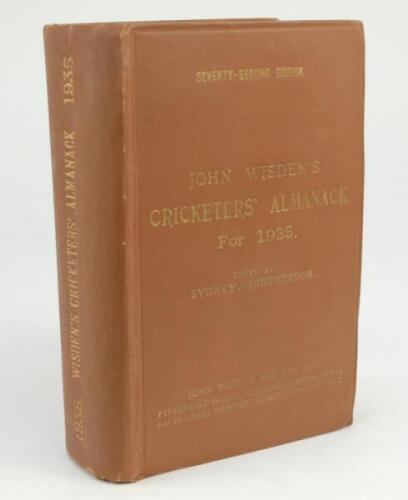 Wisden Cricketers’ Almanack 1935. 72nd edition. Original hardback. Very slight dulling to front board gilt titles, very minor wear to boards and spine paper, internally in very good condition .