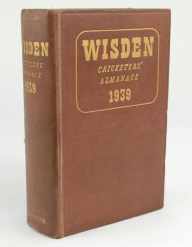 Wisden Cricketers’ Almanack 1939. 76th edition. Original hardback. Slight wear to spine, small nick to edge of spine paper, two thirds down the spine, apparent restoration to the top left hand corner of the rear board and possibly to the very top edge o