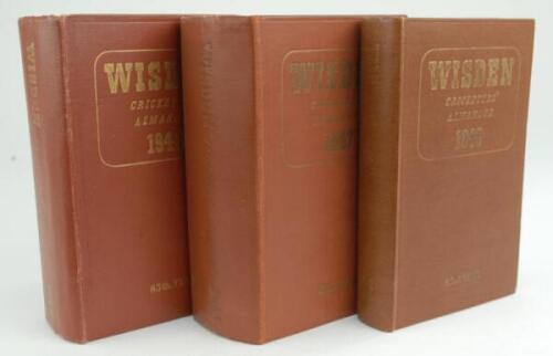 Wisden Cricketers’ Almanack 1946, 1947 and 1948. Original hardback editions. The first two with dulling to gilt titles to front boards and spine papers. The 1947 and 1948 editions with usual browning to pages otherwise in good condition.