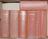 Wisden Cricketers’ Almanack 1947, 1948, 1949, 1951, 1953 and 1956. Original hardback edition. All books with faults, the 1947, 1949, 1951 all with broken internal hinges, all, with the exception of the 1951 edition, with wear to boards and dulling to gilt