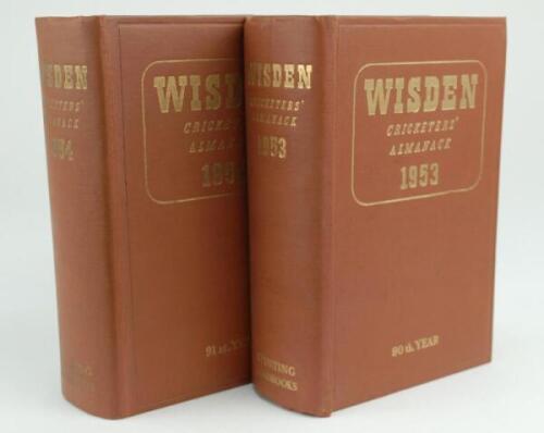 Wisden Cricketers’ Almanack 1953 and 1954. Original hardback editions. The 1953 edition has slight soiling to page block edge otherwise in very good condition, the 1954 has some creasing to front board, small bump to top right hand corner of front board, 