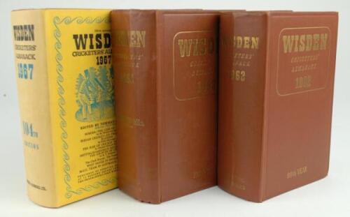 Wisden Cricketers’ Almanack 1962, 1963 and 1967. Original hardback editions, the 1967 with dustwrapper. The 1962 and 1963 editions with creasing to spine papers, odd minor faults otehrwise in good condition. Qty 3.