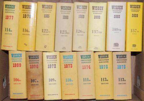 Wisden Cricketers’ Almanack 1969, 1970, 1972 to 1974, 1976, 1977, 1979, 1985, 1986, 1989, 2000, 2003 and 2020. Original hardback editions all with dustwrappers, the 1970 wrapper is poor, the 1972 wrapper is a replacement dustwrapper and the 1979 has a pro