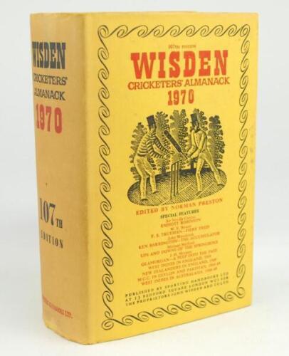 Wisden Cricketers’ Almanack 1970. Original hardback with dustwrapper. Some age toning to the spine of the wrapper otherwise in good+ condition.