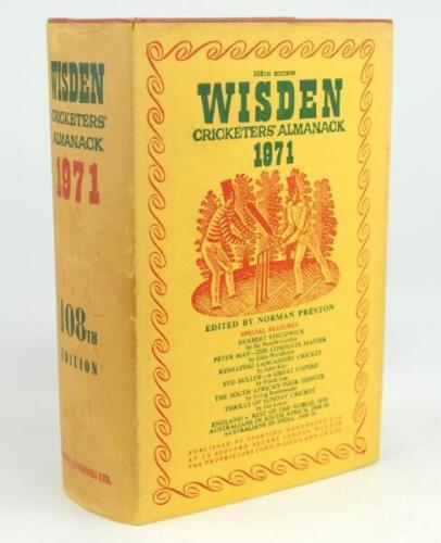 Wisden Cricketers’ Almanack 1971. Original hardback with dustwrapper. Some age toning and minor staining to the spine of the wrapper, some light soiling to the rear of the dustwrapper, some staining and soiling to top and side of the page block otherwise 