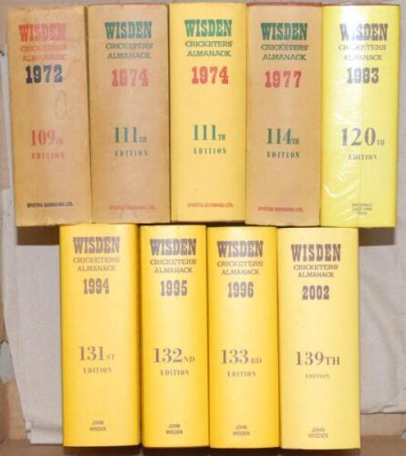 Wisden Cricketers’ Almanack 1972, 1974 (two copies), 1977, 1983, 1994 to 1996 and 2002. Original hardback editions with dustwrapper. Some age toning and minor staining to the spines of the 1972, 1974 and 1977 dustwrappers, the 1983 edition unopened and st