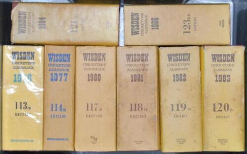 Wisden Cricketers’ Almanack 1976, 1977, 1980 to 1985, 1987 to 1993 and 2002. Original hardback editions with dustwrappers with the exception of the 1977 and 1987 editions. Faults and staining to many of the dustwrapper spines, the 1976 dustwrapper good, t