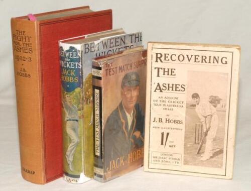 Jack Hobbs. Two tour titles by Hobbs, ‘Recovering the Ashes. An account of the cricket tour in Australia 1911-12’, Pitman, London 1912. Original pictorial boards. ‘The Fight for the Ashes 1932-33’, London 1933. Original red cloth, some fading to spine. Al