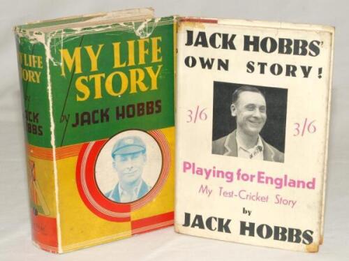 Jack Hobbs autobiographies. Two first edition hardback titles with dustwrappers. ‘Playing for England. My Test- Cricket Story’, London 1931, and ‘My Life Story’, London 1935. Some faults to the dustwrappers, otherwise in good condition.