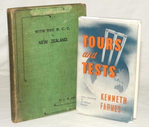 Tour histories. Two titles, ‘With the M.C.C. to New Zealand’. P.R. May. London 1907. Original green cloth boards with titles. Ex libris B.J. Wakley. Wear and staining to boards and spine, some light foxing internally, otherwise in generally good condition