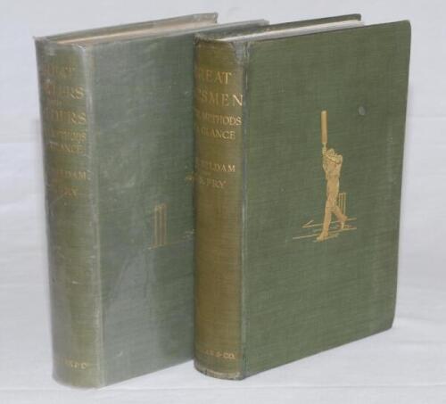 ‘Great Batsmen Their Methods at a Glance’ and ‘Great Bowlers and Fielders Their Methods at a Glance’. George W. Beldam and Charles B. Fry. London, both 1907 reissues . The two volumes in original green cloth with gilt illustrations to fronts and gilt titl