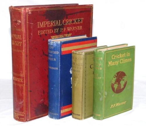 P.F. Warner. Four original hardback titles by Warner. ‘Imperial Cricket’. P.F. Warner. London 1912. Limited Subscribers’ Edition of 900 copies, this copy being no. 358. Original red leather with gilt titles to front and spine, gilt to page edges. ‘G. Hous