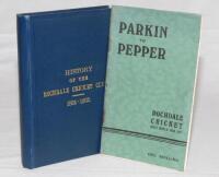 Rochdale cricket. ‘History of the Rochdale Cricket Club 1824-1902’. J. Fothergill. Rochdale “Observer” Printing Works 1903. Padwick 2245. Original blue cloth covers. Annotation in ink to title page, ‘Handed back to him by his son 1926’. Newspaper cutting 