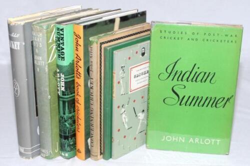 John Arlott. Eight hardback titles by Arlott with dustwrappers (one without). ‘Indian Summer. An account of the cricket tour in England 1946’, London 1947, navy cloth and green dustwrapper, Arlott’s first book to be published on cricket. ‘Concerning Crick