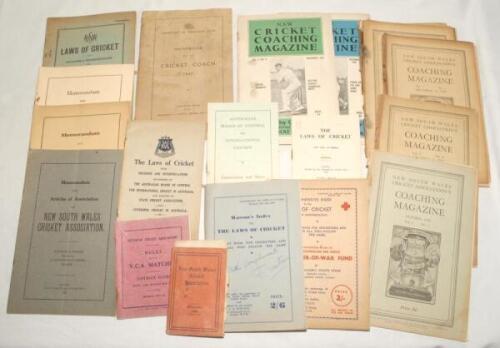 Australian laws of cricket and coaching 1920s-1960s. A selection of booklets and handbooks published in Australia. Titles include ‘Memorandum and Articles of Association of New South Wales Cricket Association’ 1922, 1929 and 1965. ‘Coaching Magazine’, New