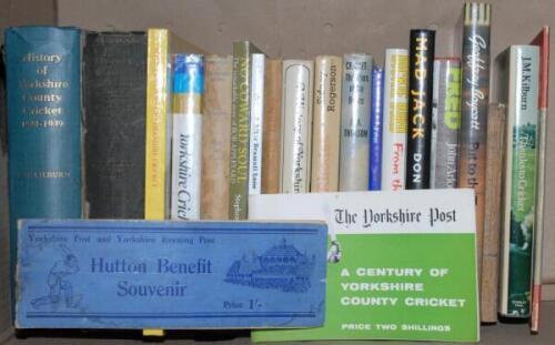 Yorkshire biographies and histories. Box comprising a good selection of Yorkshire cricket related titles, the majority hardbacks. Five titles are signed, ‘Fred. Portrait of a Fast Bowler’, John Arlott 1972, signed by Trueman. ‘Put to the Test’, Geoffrey B