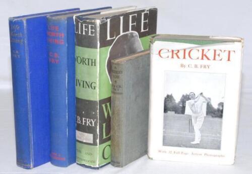 C.B. Fry. Five original hardback titles, including two with dustwrappers, one signed by Fry. ‘A Mother’s Son’, B. and C.B. Fry, London fifth edition 1908. Wear and breaking to hinges. ‘Cricket (Batmanship)’, London 1914, dustwrapper with some tears. ‘Live