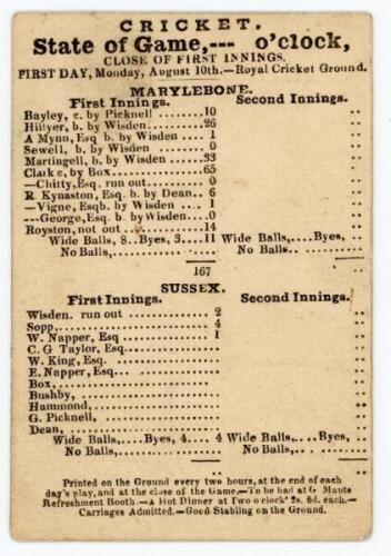 Sussex v M.C.C. 1846. Exceptionally early small double sided scorecard for the match played at Thomas Box’s Royal Cricket Ground at Brighton, 10th- 12th August 1846.