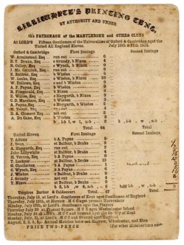 ‘Fifteen Gentlemen of the Universities of Oxford & Cambridge agst. the United All England Eleven’ 1854. Early double sided scorecard printed by ‘Lillywhite’s Printing Tent by authority and under the Patronage of the Marylebone and Other Clubs’ for the mat