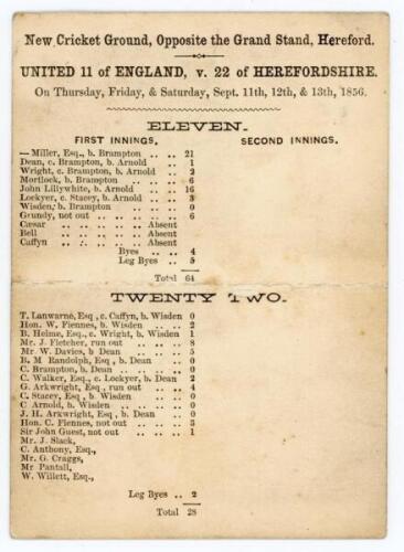 ‘United 11 of England, v. 22 of Herefordshire’ 1856. Early small single sided scorecard for the match played at the ‘New Cricket [Racecourse] Ground, Opposite the Grand Stand, Hereford’, 11th- 13th September 1856. The scorecard with printed scores showing