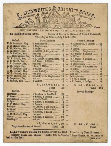 ‘County of Surrey v. Sixteen of Oxford University’ 1859. Early single sided scorecard with decorative header, ‘F. Lillywhite’s Cricket Score’ printed ‘By authority and under the Patronage of the M.C.C. and S.C.C.’ for the match played at The Oval 7th & 8t