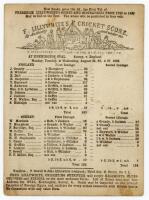 ‘Surrey v. England’ 1862. Early single sided scorecard with decorative header, ‘F. Lillywhite’s Cricket Score’ printed ‘By authority and under the Distinguished Patronage of the M.C.C. and S.C.C.’ for the match played at Kennington Oval 25th- 27th August 