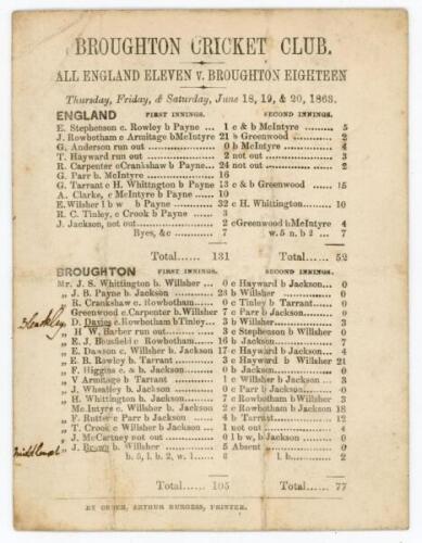 ‘Broughton Cricket Club. All England Eleven v. Broughton Eighteen’ 1863. Early single sided scorecard for the match played at Broughton Cricket Club Ground, Salford, 18th- 20th June 1863. Printed ‘By order, Arthur Burgess, Printer’. The scorecard, with co