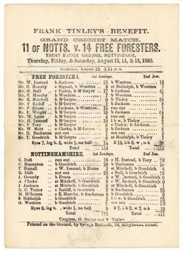 ‘Grand Cricket Match. 11 of Notts v. 14 Free Foresters’ 1863. Frank Tinley’s Benefit. Early single sided scorecard for the match played at Trent Bridge Ground, Nottingham, 13th- 15th August 1863. The scorecard with complete printed scores for the remarkab