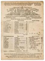 ‘Surrey v. Nottinghamshire’ 1864. Early single sided scorecard with decorative header, ‘F. Lillywhite’s Cricket Score’ printed ‘By authority and under the Distinguished Patronage of the Marylebone and Surrey County Clubs’ for the match played at Kenningto