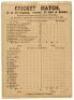 ‘11 of All England, (versus) 22 Hull & District’ 1867. Early single sided scorecard for the match played at Argyle Street, Hull, 8th & 9th July 1867. The scorecard with printed scores for the first (and only) innings of All England who scored 150. Hull we