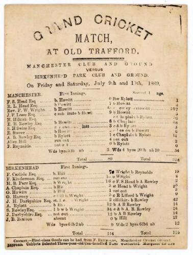 ‘Manchester Club and Ground versus Birkenhead Park Club and Ground’ 1869. Early double sided scorecard for the match played at Old Trafford 9th & 10th July 1869. The scorecard printed on the ground by J.W. Mason, Hulme Advertiser Office, with complete pri