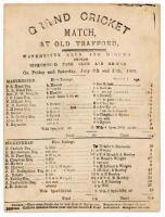 ‘Manchester Club and Ground versus Birkenhead Park Club and Ground’ 1869. Early double sided scorecard for the match played at Old Trafford 9th & 10th July 1869. The scorecard printed on the ground by J.W. Mason, Hulme Advertiser Office, with complete pri