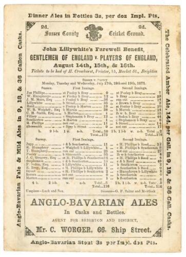 ‘Sussex v. Surrey’ 1871. Early double sided scorecard for the match played at the Royal Brunswick Ground, Hove, 17th- 19th July 1871.