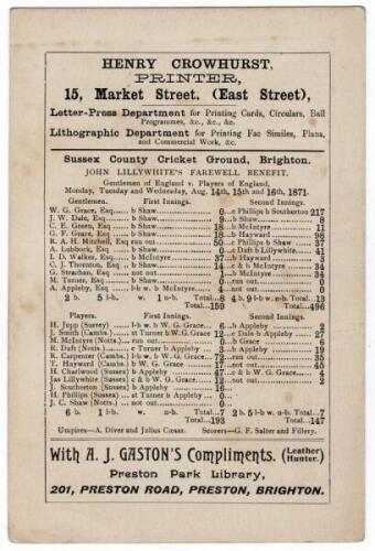 ‘Gentlemen of England v. Players of England. John Lillywhite’s Farewell Benefit’ 1871. Early single sided scorecard for the match played at the Royal Brunswick Ground, Hove, 14th- 16th August 1871. The scorecard with complete printed scores with the Gentl