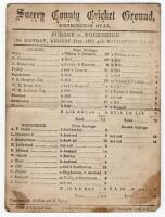 ‘Surrey v. Yorkshire’ 1871. Early double sided scorecard for the match played at the Kennington Oval 21st & 22nd August 1871. The scorecard with complete printed scores, Surrey making 111 and 72, Yorkshire 100 and 85/0 to win by ten wickets. Players featu