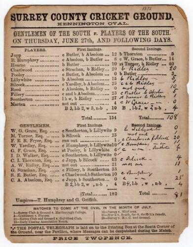 ‘Gentlemen of the South v. Players of the South’ 1872. Early double sided scorecard for the match played at Kennington Oval, 27th & 28th June 1872. The scorecard with complete printed and handwritten scores in ink. The Players scored 154 and 108, in reply