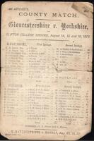 ‘Gloucestershire v. Yorkshire’ 1873. Rare early original double sided scorecard for the match played at Clifton College, 14th- 16th August 1873. The scorecard with complete printed scores. Batting first, Gloucestershire made 404. In reply Yorkshire were d