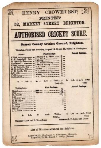 ‘Sussex v. Nottingham’ 1873. Rare early original double sided scorecard for the match played at the County Cricket Ground, Brighton, 14th- 16th August 1873. The scorecard with incomplete printed scores showing Sussex’s first innings, a record low score of