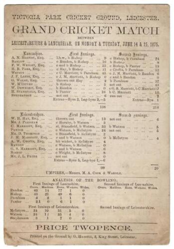 ‘Grand Cricket Match between Leicestershire & Lancashire’ 1875. Very rare early original double sided scorecard for the match played at Victoria Park Cricket Ground, Leicester, 14th- 15th June 1875. The scorecard with complete printed scores detailing Lan