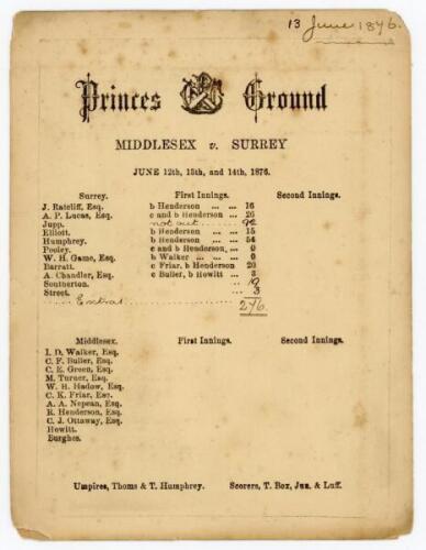 ‘Middlesex v Surrey 1876’. Early original double sided scorecard for the match played at the Princes Ground, Chelsea on the 12th-14th June 1876. Printed and handwritten scores in ink for Surrey’s first innings which ended 276 all out, Jupp scoring 92no, a