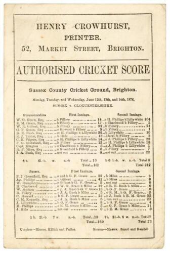 W.G. Grace 50th century. Sussex v Gloucestershire 1876. Official and early single sided scorecard for the match played at the ‘Sussex County Cricket Ground, Brighton [Hove]’, 12th- 14th June 1876. The three Grace brothers played for Gloucestershire who, b