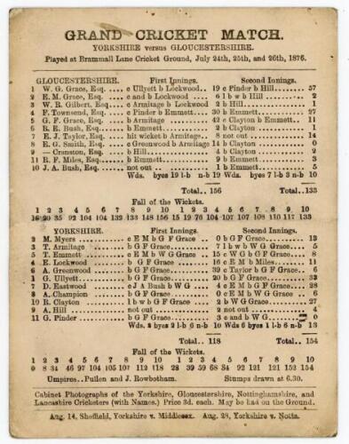 ‘Yorkshire versus Gloucestershire’ 1876. Official and early single sided scorecard for the match played at Bramall Lane, Sheffield, 24th- 26th July 1876 with complete printed scores. All three Grace brothers, E.M., W.G., and G.F., played for Gloucestershi