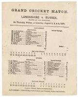 ‘Lancashire v. Sussex’ 1877. Official and early single sided scorecard for the match played at Old Trafford, 2nd- 4th August 1877, with complete printed scores. Lancashire batted first and made 345 with contributions from debutant A.G. Steel (87), Kershaw