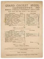 ‘Grand Cricket Week. Canterbury. Kent with two men given v. All England’ 1877. Official and early single sided scorecard for the match played at Canterbury, 6th- 8th August 1877, with complete printed scores. Kent’s ‘given’ men were W.G. Grace and A.W. Ri