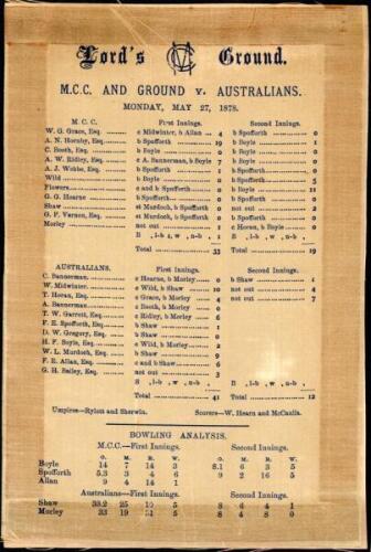 Australia inaugural tour of England 1878. M.C.C. and Ground v. Australians, Lord’s, 27th May 1878. Original and rare silk scorecard for the Australian’s second match match of the tour. In the remarkable game, M.C.C. were dismissed for only 33. Only A.N. H